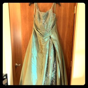 Green pageant dress with embroidered overlay